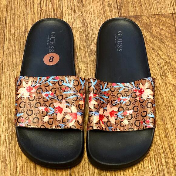 NWOT Guess Brown Floral Slip On Slide Sandals Size 8 - Picture 2 of 12